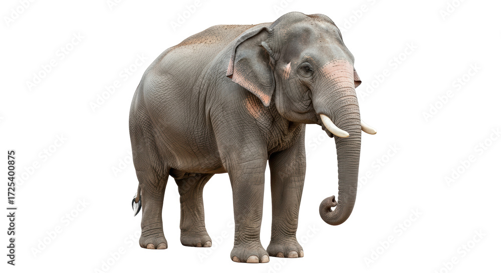 Obraz premium Isolated Asian elephant stands and looks right in perfect focus, side-view perspective animal