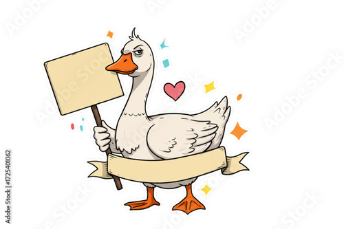 Funny goose with banner, ready for your message with a heart and stars, perfect for social media, announcements, or unique invitations with scalable graphics