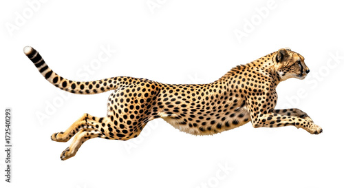 Isolated cheetah in motion leaping forward, big cat, animal, mammal, running speedster