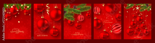Christmas greeting card set, holidays posters, red baubles