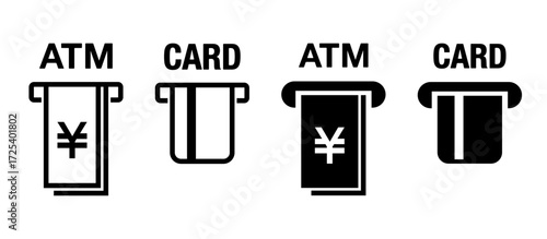 シンプルなATM、クレカ、キャッシュカード、現金のベクター白黒ピクトグラムアイコンセット