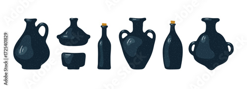 Black old pottery, ceramic pot, jar, jug, bottle and tagine. Ancient greek clay vessels isolated on white background. Antique ceramic bowl, earthenware urn, amphora, jug and pot, vector illustration