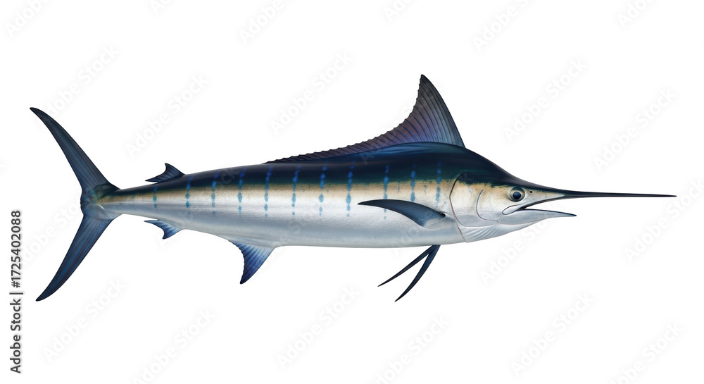 Obraz premium Isolated Striped Marlin Swimming, Marine Predator, Blue Color Fish with Sword Nose Animal