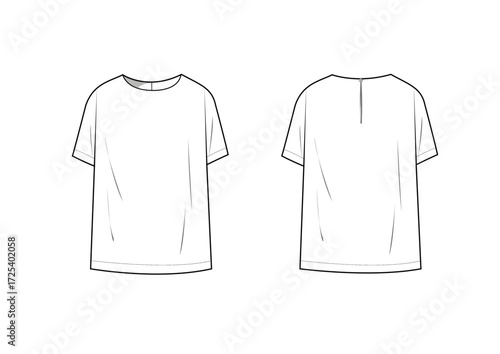 Woman T-Shirt With Crew Neck, Fitted Oversized Body Short Sleeves, Fashion Sketch Template Front & Back Technical Draw  Fashion Illustration