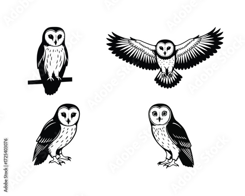 Four distinct black and white illustrations of barn owls in various poses including perched flying and standing against a white background