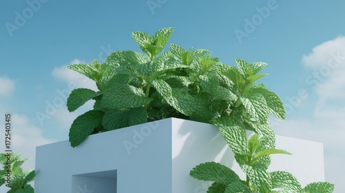 Fresh mint leaves growing on a white cube against a light blue sky.