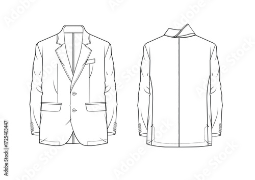 Men Suit Jacket With Two Flap Pockets and Two Buttons Fashion Sketch Template Front & Back Technical Draw  Fashion Illustration