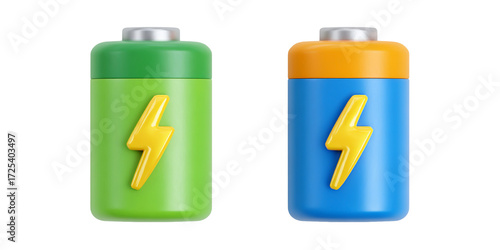Two 3d rendered batteries with lightning bolt icons isolated on transparent background