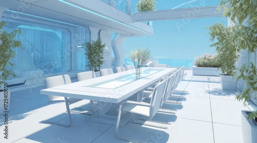 Modern, white, futuristic dining area with ocean view.