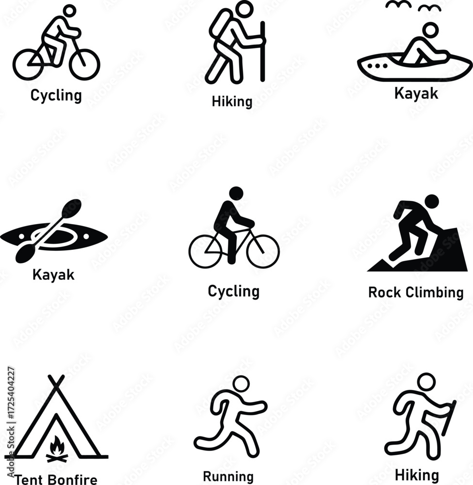 Naklejka premium Outdoor Adventure Icon Set – Hiking, Cycling, Kayaking, Rock Climbing and Camping Symbols Vector. Camping and Outdoor Sports Icon Collection.
