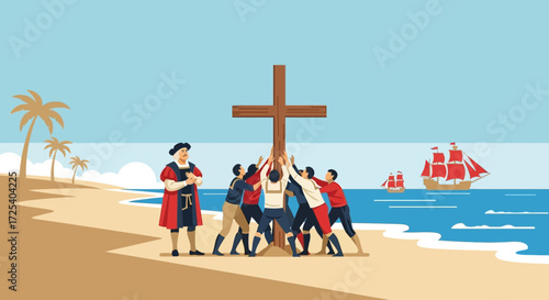 Depiction of a group of people raising a large wooden cross on a sandy beach, with Christopher Columbus standing nearby and ships visible on the ocean.