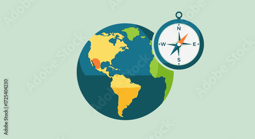 A stylized illustration of the Earth with a compass, highlighting the Americas, set against a light background.