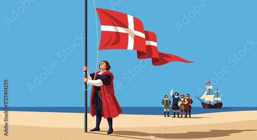 A man in a red cape raises the Danish flag on a sandy beach, with other figures and a ship in the background against a clear blue sky.