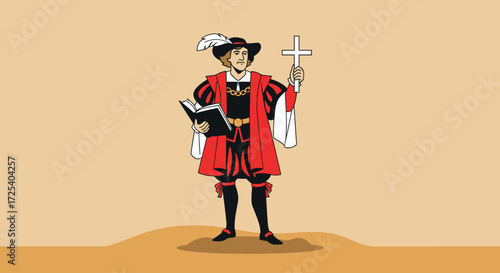 Illustration of a man in historical attire holding a book and a cross, standing against a beige background.