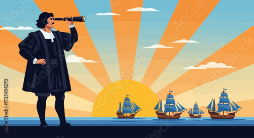 A man in historical clothing looks through a telescope towards sailing ships on the ocean with a rising sun in the background.