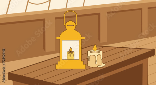 A golden lantern and candle illuminate a wooden table aboard a ship.