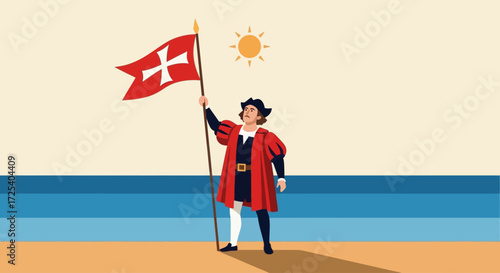 Historical figure in period costume, holding a flag, on a beach, representing exploration.