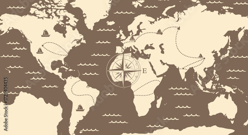 Vintage world map with a compass rose and sailing ships tracing global exploration routes.