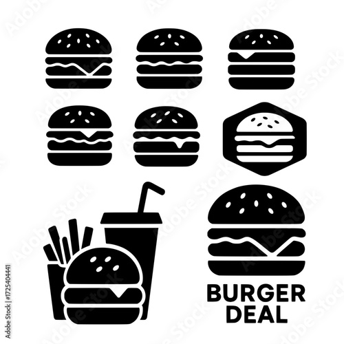 Burger Silhouette Icon Set – Fast Food Vector Logos and Symbols