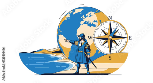 A cartographer points towards a globe, surrounded by a compass and a coastal scene, suggesting exploration and discovery.