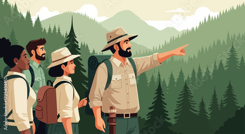 A group of hikers enjoying a scenic mountain vista, led by a knowledgeable guide.