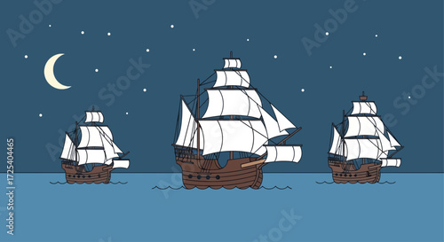 Three historic sailing ships navigate a dark ocean under a crescent moon and starry night.