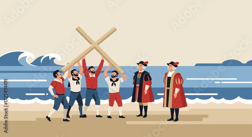 Sailors under the watch of explorers erect a large wooden cross on a sandy shore.