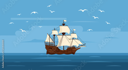 A cartoon illustration of a historic wooden galleon sailing on the blue ocean with seagulls flying overhead.