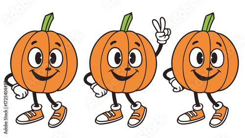 Three cute orange pumpkin characters are standing happily and making a peace sign on white