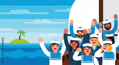 A diverse group of happy sailors cheering and waving from a ship upon discovering a tropical island.
