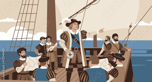 European explorers on a ship's deck, a leader pointing, historical illustration.
