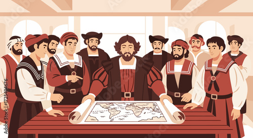 A group of historical explorers and their leader gathered around a table studying a world map to plan a voyage.