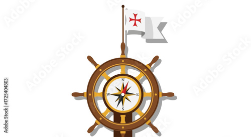 Illustration depicting a ship's wheel with a compass and a flag, all isolated on white.