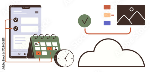 Mobile device, calendar, clock, cloud, and interconnected tasks emphasize digital productivity, scheduling, and data management. Ideal for collaboration, workflow efficiency time management remote