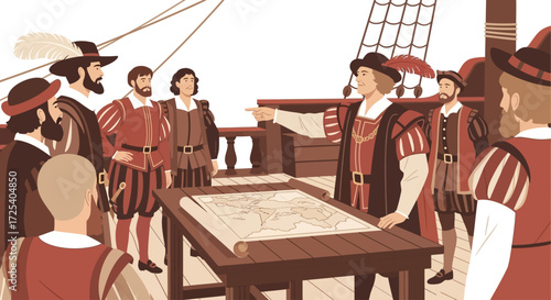 A captain addresses his crew on a ship's deck, pointing at a large navigational map spread across a table.