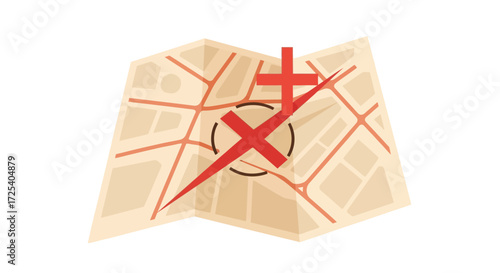 Folded map with red X marking a cancelled destination.