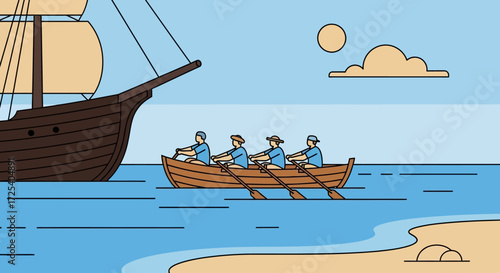 A small rowboat with four people rowing towards a large sailing ship on the ocean.