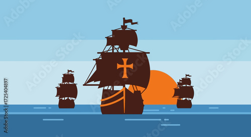 A fleet of three majestic sailing ships with large sails, one prominently featuring a cross emblem, navigates calm blue waters under a warm orange sunset.