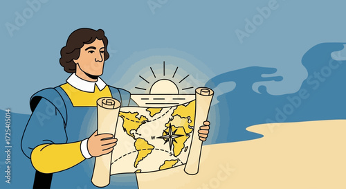 A historical illustration depicts a man holding a map, gazing at the sea, with the sun rising.