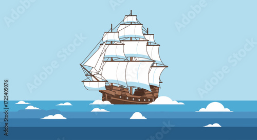 A cartoon illustration of a majestic old sailing ship with full white sails navigating a calm blue ocean under a clear sky with scattered clouds.