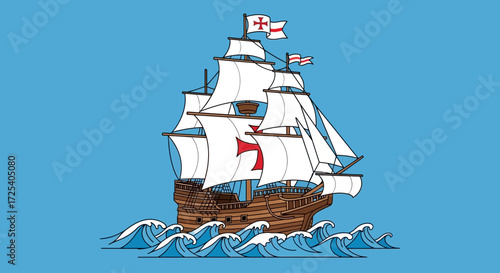 Illustration of a wooden sailing ship with white sails and flags, navigating through stylized blue waves on a light blue background.