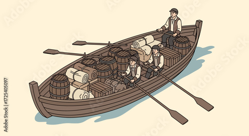 An illustration of historical settlers traveling by a wooden rowboat filled with cargo.