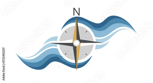 A stylized compass rose with flowing blue waves and a directional indicator, symbolizing navigation and guidance.