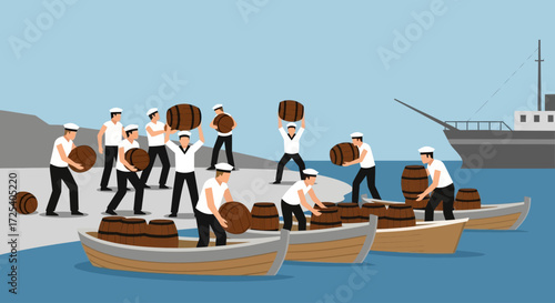 Dockworkers loading barrels onto boats at a pier, with a ship in the background, under a clear sky.
