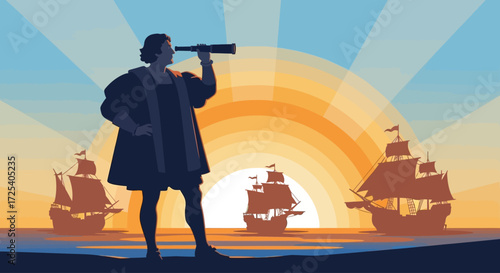 Silhouette of a navigator in historical attire gazing through a telescope at a fleet of sailing ships on the ocean during a vibrant sunrise.