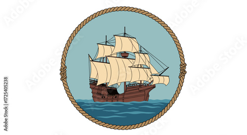 A majestic wooden sailing ship with full sails navigates through choppy blue waters, enclosed within a circular rope border.