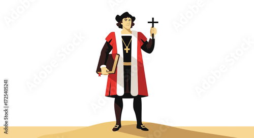 A stylized illustration depicts a historical figure in a red and white robe, holding a cross and a book, standing against a plain white background.