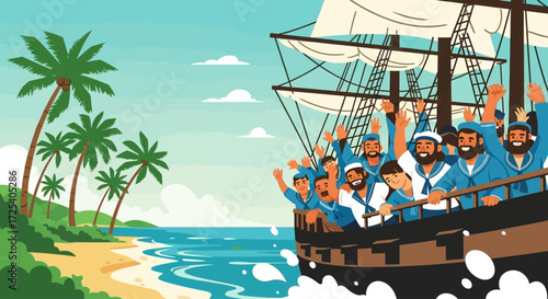 Joyful sailors on a large sailing ship wave goodbye to a tropical island with sandy beaches and palm trees.