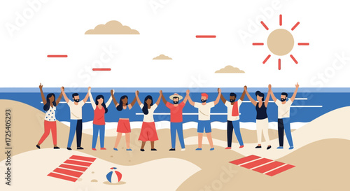 An illustration of a diverse group of happy people standing united on a sandy beach, holding hands under a sunny sky by the ocean.