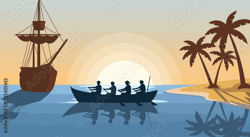 Silhouetted figures rowing a boat towards a tropical island near a tall sailing ship.
